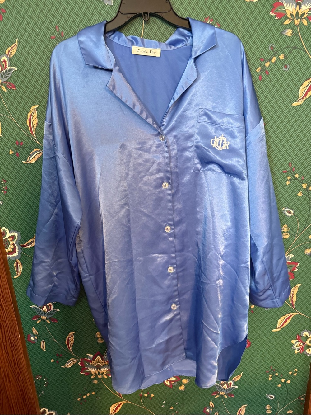 Dior Satin Button-Front Pajama Top/Gown in Blue